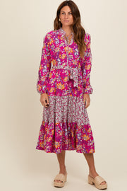 Magenta Mixed Floral Front Tie Midi Dress