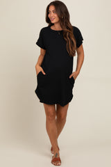 Black Ribbed Round Hem Maternity Dress