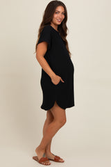 Black Ribbed Round Hem Maternity Dress