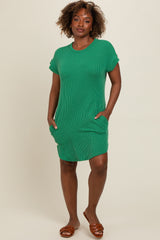 Green Ribbed Round Hem Maternity Dress