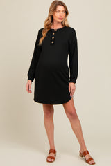 Black Ribbed Button Accent Maternity Dress