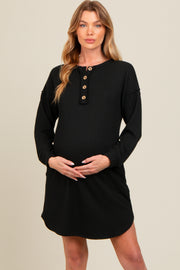 Black Ribbed Button Accent Maternity Dress