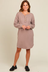 Mocha Ribbed Button Accent Maternity Dress