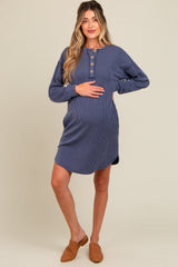 Navy Ribbed Button Accent Maternity Dress