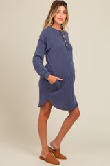 Navy Ribbed Button Accent Maternity Dress