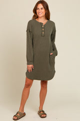 Olive Ribbed Button Accent Maternity Dress