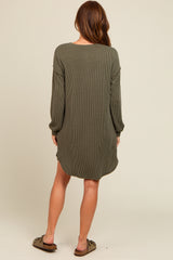 Olive Ribbed Button Accent Dress