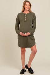 Olive Ribbed Button Accent Maternity Dress