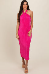 Fuchsia Knot Front Plisse Halter Maternity Midi Dress