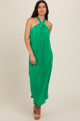 Green Knot Front Plisse Halter Midi Dress