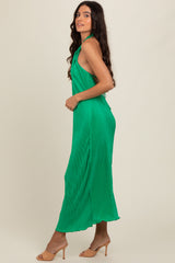 Green Knot Front Plisse Halter Midi Dress