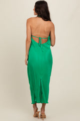 Green Knot Front Plisse Halter Midi Dress