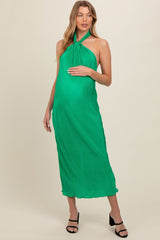 Green Knot Front Plisse Halter Maternity Midi Dress