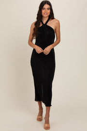 Black Knot Front Plisse Halter Midi Dress