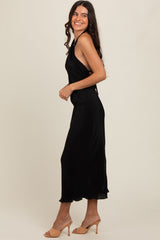 Black Knot Front Plisse Halter Midi Dress