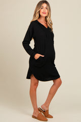 Black Ribbed Hoodie Maternity Dress