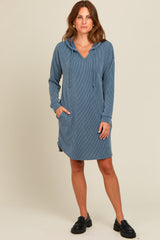 Blue Ribbed Hoodie Dress