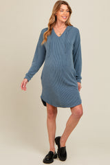 Blue Ribbed Hoodie Maternity Dress