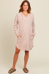 Beige Ribbed Hoodie Maternity Dress