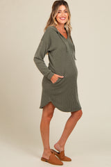 Olive Ribbed Hoodie Maternity Dress