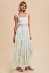 Lavender Floral Contrast Sash Tie Maxi Dress