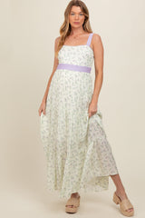 Lavender Floral Contrast Sash Tie Maternity Maxi Dress