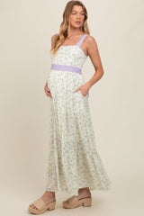 Lavender Floral Contrast Sash Tie Maternity Maxi Dress