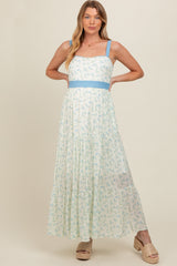 Blue Floral Contrast Sash Tie Maternity Maxi Dress