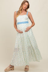 Blue Floral Contrast Sash Tie Maternity Maxi Dress