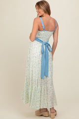 Blue Floral Contrast Sash Tie Maternity Maxi Dress