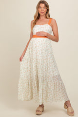 Orange Floral Contrast Sash Tie Maternity Maxi Dress