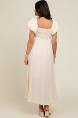 Cream Smocked Puff Sleeve Maxi Dress