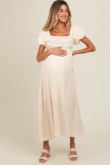 Cream Smocked Puff Sleeve Maternity Maxi Dress