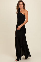 Black Ruched Mesh One Shoulder Maxi Dress