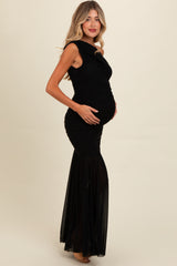 Black Ruched Mesh One Shoulder Maternity Maxi Dress