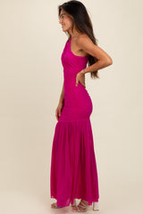 Magenta Ruched Mesh One Shoulder Maxi Dress