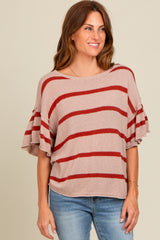 Rust Striped Ruffle Sleeve Knit Maternity Top