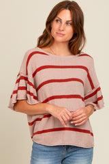 Rust Striped Ruffle Sleeve Knit Top