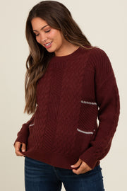 Brown Striped Mixed Cable Knit Maternity Sweater