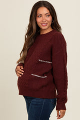 Brown Striped Mixed Cable Knit Maternity Sweater