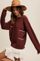 Brown Striped Mixed Cable Knit Sweater