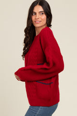 Red Striped Mixed Cable Knit Sweater