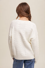 Ivory Striped Mixed Cable Knit Sweater