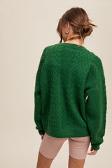 Green Striped Mixed Cable Knit Sweater