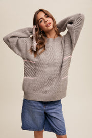 Heather Grey Striped Mixed Cable Knit Sweater