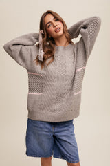 Heather Grey Striped Mixed Cable Knit Maternity Sweater