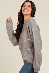 Heather Grey Striped Mixed Cable Knit Sweater