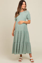 Light Olive Textured Tiered Maternity Maxi Dress