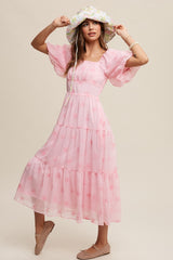 Pink Flower Embroidered Puff Sleeve Tiered Maxi Dress