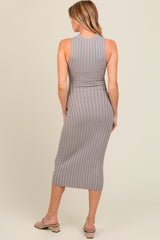 Grey Ribbed Knit Mock Neck Fitted Maternity Dress